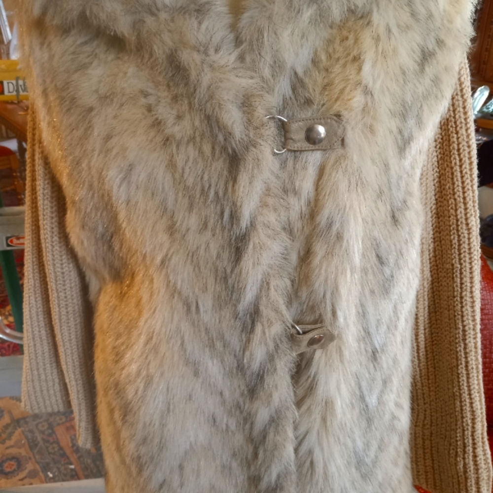 Vintage Lifestyle 80's Tan Faux Fur Sweater Sleeve Coat Jacket Sz 12 Length 28"